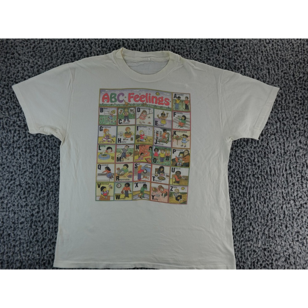 Vtg ABC Feelings Educational Alphabet Graphic T Shirt Kids Learning Shirt White